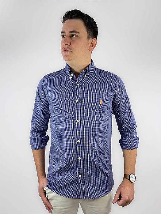 Camisa Ralph Lauren Quadriculada Manga Longa Marinho Logo Clássico Laranja
