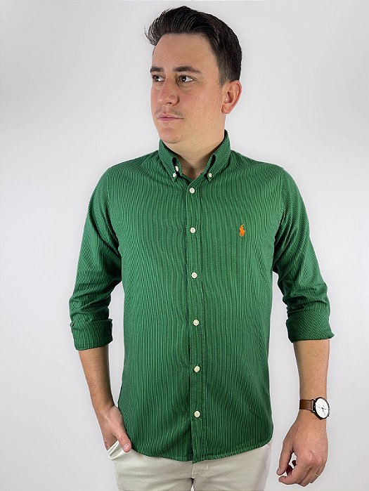 Camisa Social Oxford Micro Listrado Manga Longa Verde Bandeira Logo Clássico Laranja