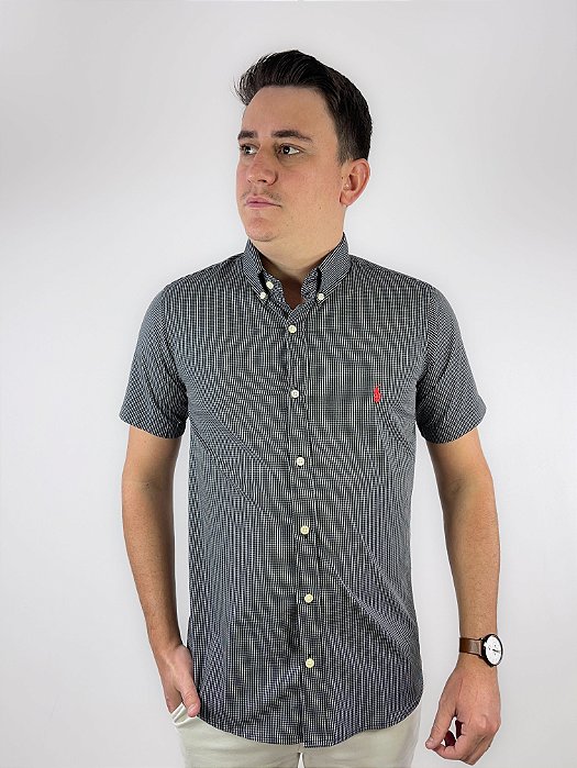 Camisa Ralph Lauren Quadriculada Manga Curta Preto Logo Clássico Vermelho