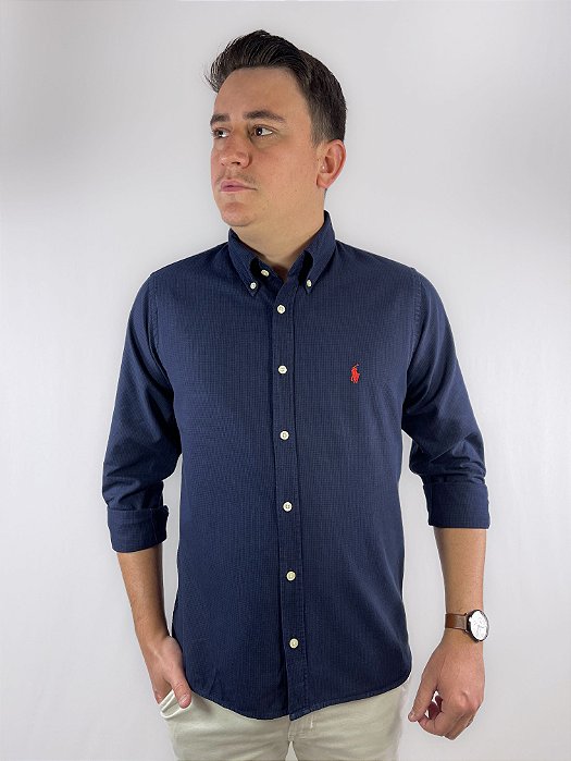 Camisa Social Oxford Micro Xadrez Manga Longa Marinho Logo Clássico Vermelho