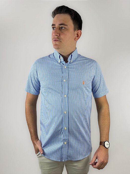 Camisa Ralph Lauren Xadrez Manga Curta Azul Claro Logo Clássico Laranja