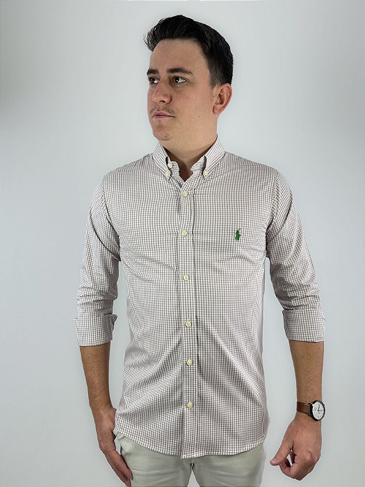 Camisa Ralph Lauren Xadrez Manga Longa Bege Logo Clássico Verde