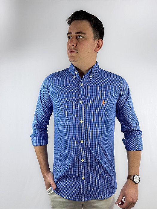 Camisa Ralph Lauren Quadriculada Manga Longa Azul Royal Logo Clássico Laranja