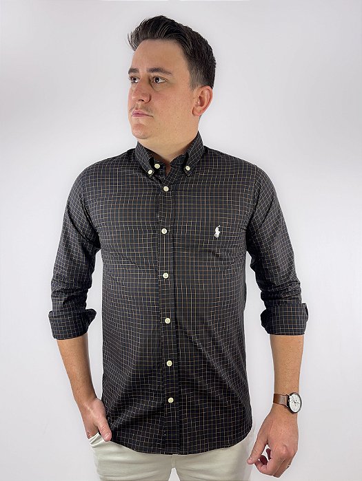 Camisa Ralph Lauren Xadrez Manga Longa Preto Listra Laranja Logo Clássico Branco
