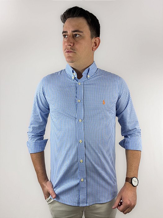Camisa Ralph Lauren Xadrez Manga Longa Azul Claro Logo Clássico Laranja