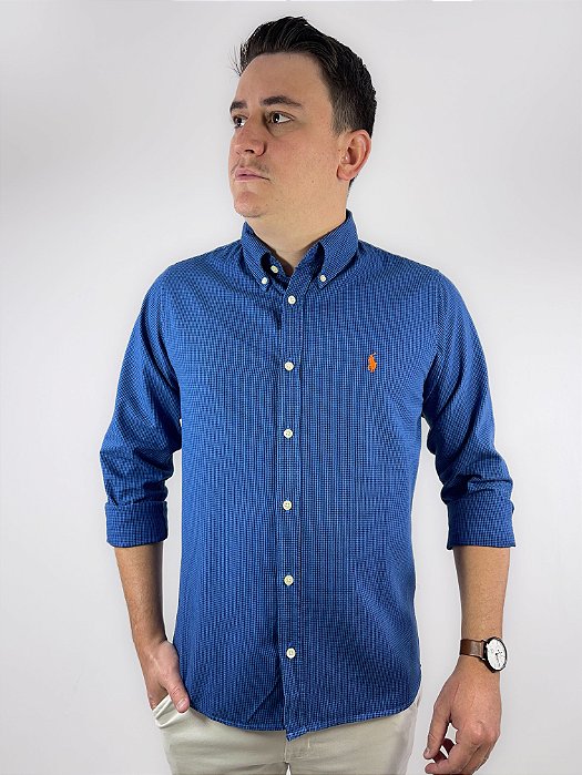 Camisa Social Oxford Micro Xadrez Manga Longa Azul Royal Logo Clássico Laranja