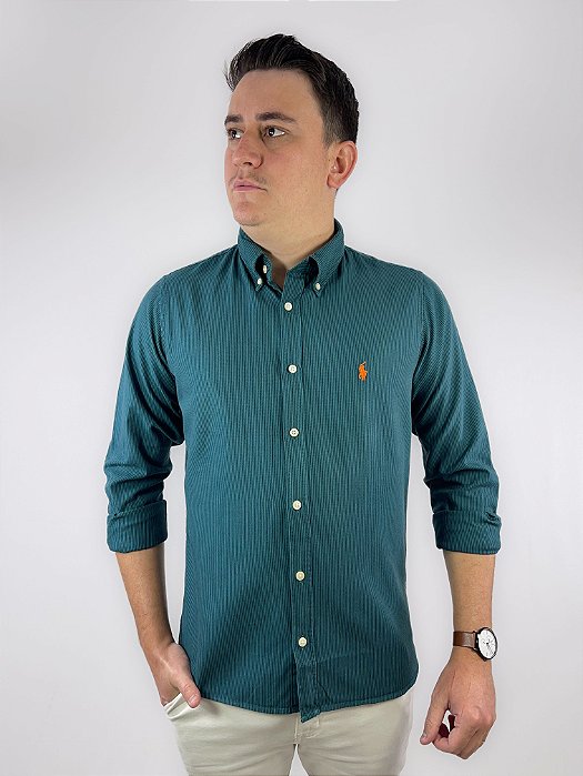 Camisa Social Oxford Micro Listrado Manga Longa Verde Militar Logo Clássico Laranja