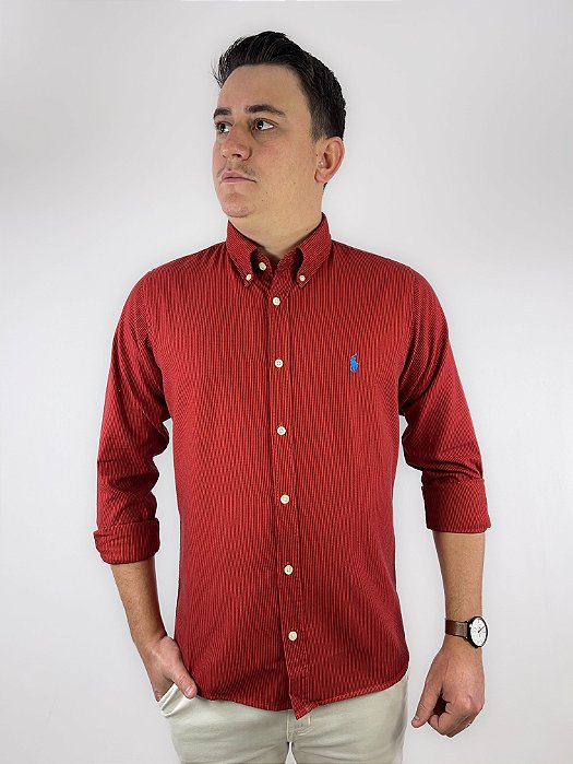Camisa Social Oxford Micro Listrado Manga Longa Vermelho Logo Clássico Celeste