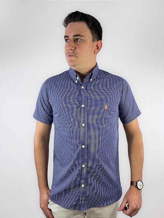 Camisa Ralph Lauren Quadriculada Manga Curta Marinho Logo Clássico Laranja