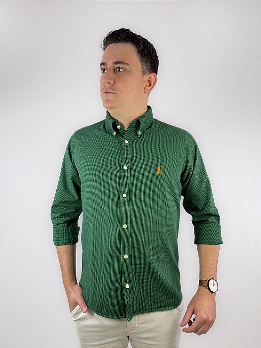 Camisa Social Oxford Micro Xadrez Manga Longa Verde Bandeira Logo Clássico Laranja