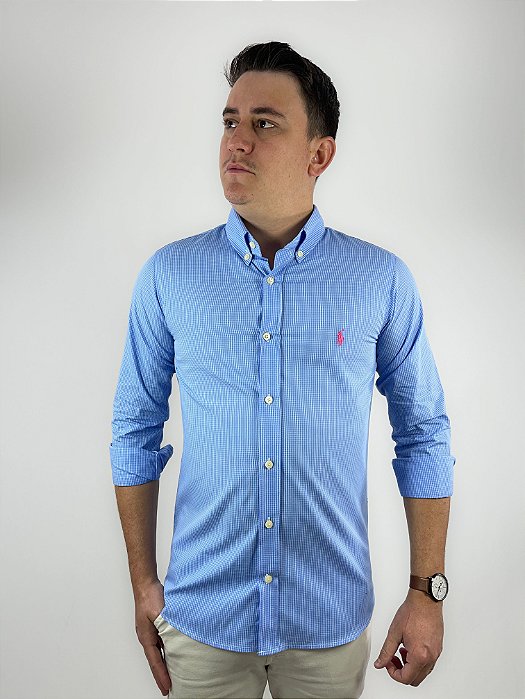 Camisa Ralph Lauren Quadriculada Manga Longa Azul Claro Logo Clássico Rosa
