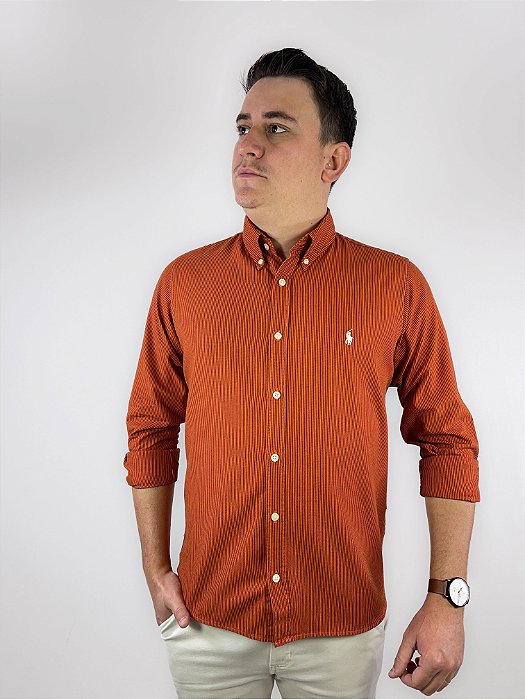 Camisa Social Oxford Micro Listrado Manga Longa Laranja Logo Clássico Branco
