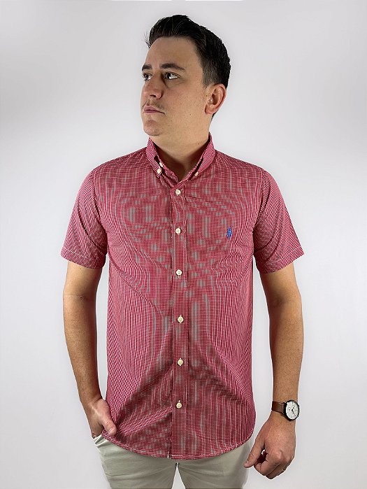 Camisa Ralph Lauren Quadriculada Manga Curta Vermelho Logo Clássico Royal