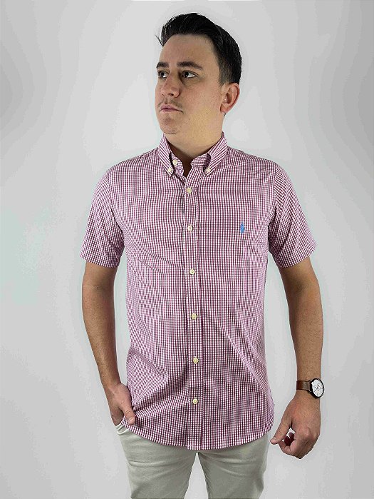 Camisa Ralph Lauren Xadrez Manga Curta Bordo Logo Clássico Celeste