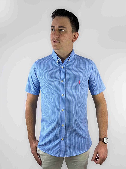 Camisa Ralph Lauren Quadriculada Manga Curta Azul Claro Logo Clássico Rosa
