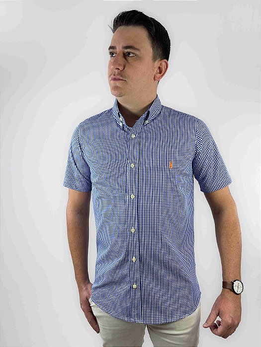 Camisa Ralph Lauren Xadrez Manga Curta Marinho Logo Clássico Laranja