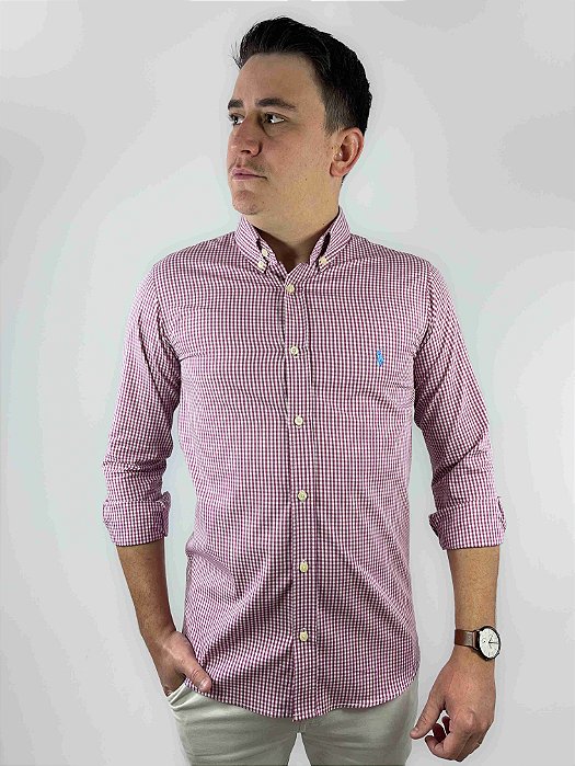 Camisa Ralph Lauren Xadrez Manga Longa Bordo Logo Clássico Celeste