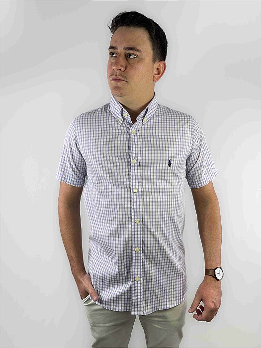 Camisa Ralph Lauren Xadrez Manga Curta Lilás Logo Clássico Marinho