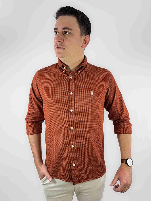 Camisa Social Oxford Micro Xadrez Manga Longa Laranja Logo Clássico Branco