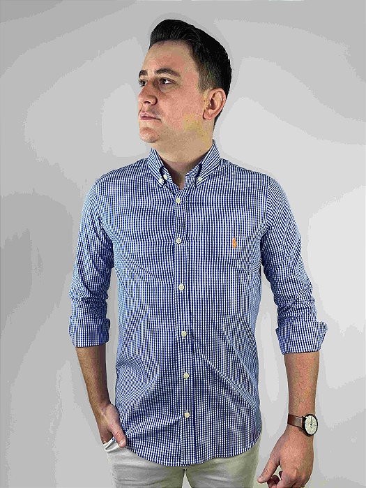 Camisa Ralph Lauren Xadrez Manga Longa Marinho Logo Clássico Laranja