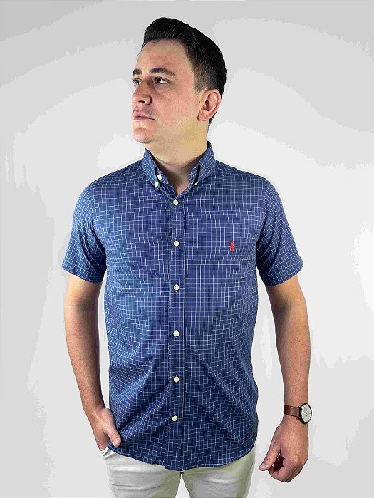 Camisa Ralph Lauren Quadriculada Manga Curta Marinho Acero Logo Clássico Vermelho