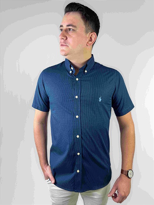 Camisa Ralph Lauren Quadriculada Manga Curta Azul Petróleo Logo Clássico Celeste