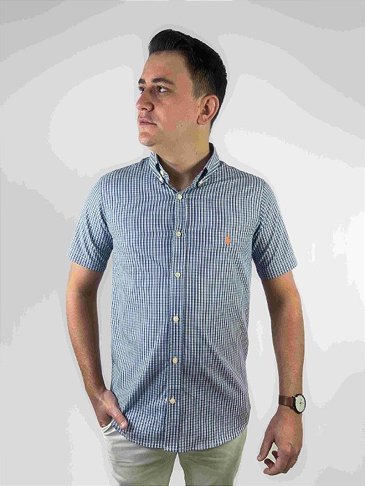 Camisa Ralph Lauren Multicolor Manga Curta Listra Marinho Logo Clássico Laranja
