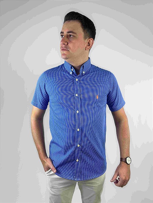 Camisa Ralph Lauren Quadriculada Manga Curta Azul Royal Logo Clássico Laranja