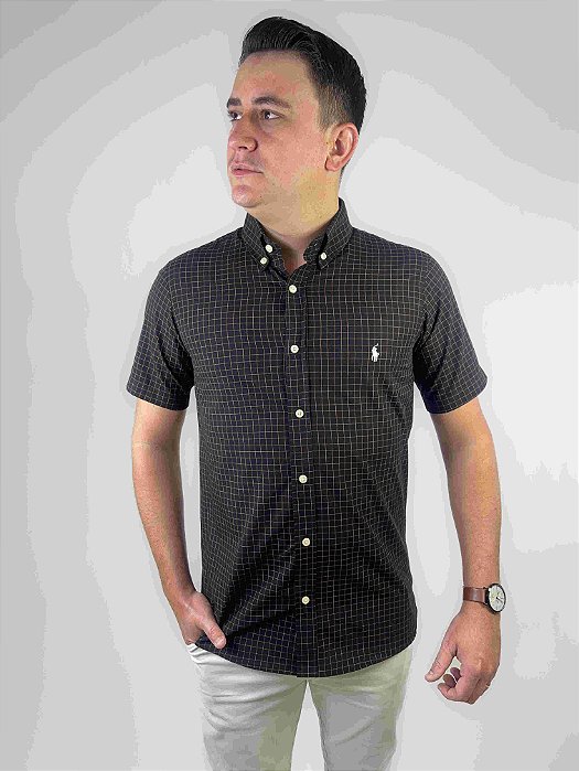 Camisa Ralph Lauren Xadrez Manga Curta Preto Listra Laranja Logo Clássico Branco