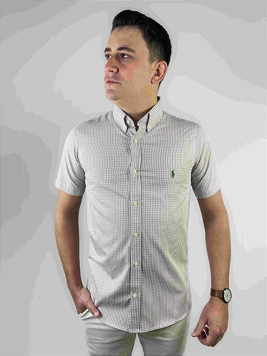 Camisa Ralph Lauren Xadrez Manga Curta Bege Logo Clássico Verde