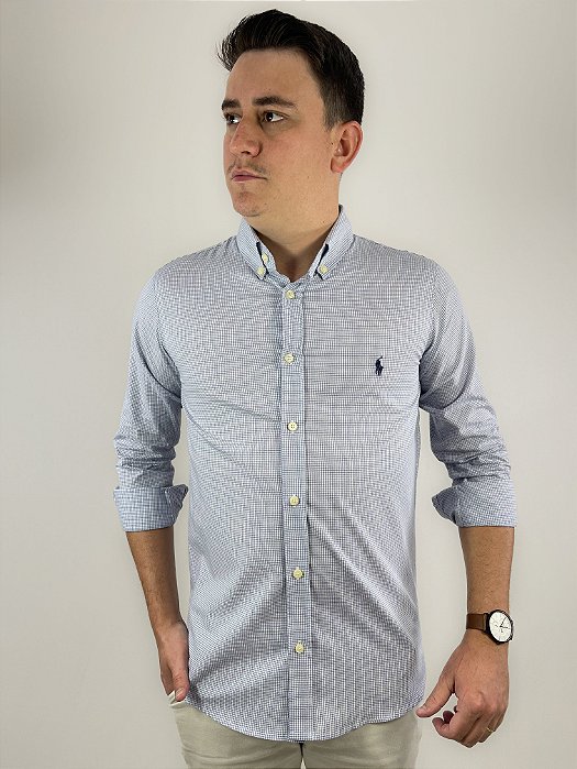 Camisa Ralph Lauren Micro Quadriculada Manga Longa Branco Linha Dupla Clássico Marinho