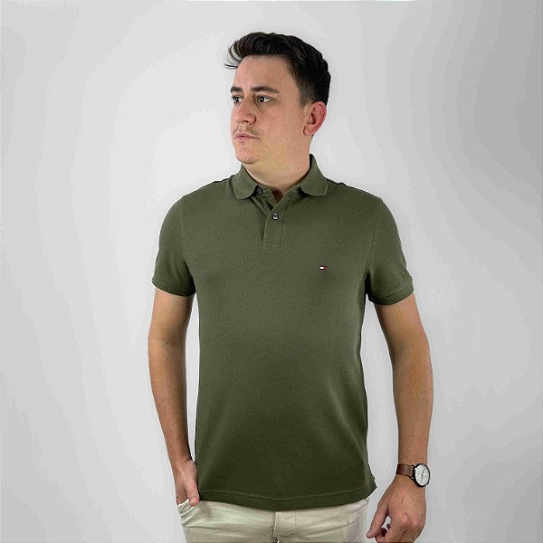 Polo Tommy Hilfiger Verde Militar Garment Dye Tinturada Regular Fit