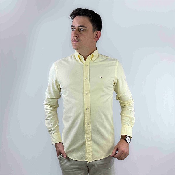 Camisa Tommy Hilfiger Manga Longa Oxford Amarelo Claro Solid Heritage Regular Fit