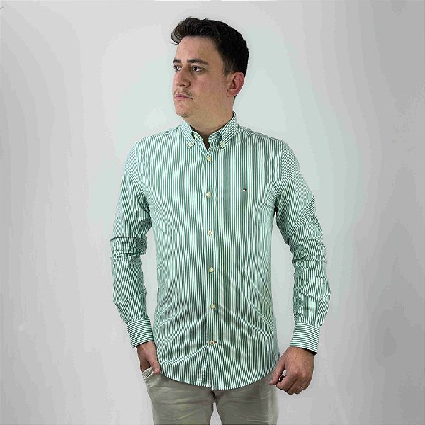 Camisa Tommy Hilfiger Manga Longa Listrado Verde Regular Fit