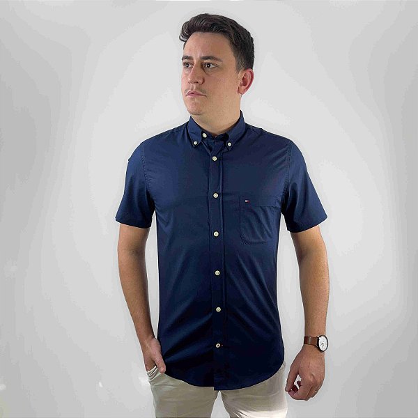 Camisa Tommy Hilfiger Manga Curta Oxford Marinho Ligth Bolso