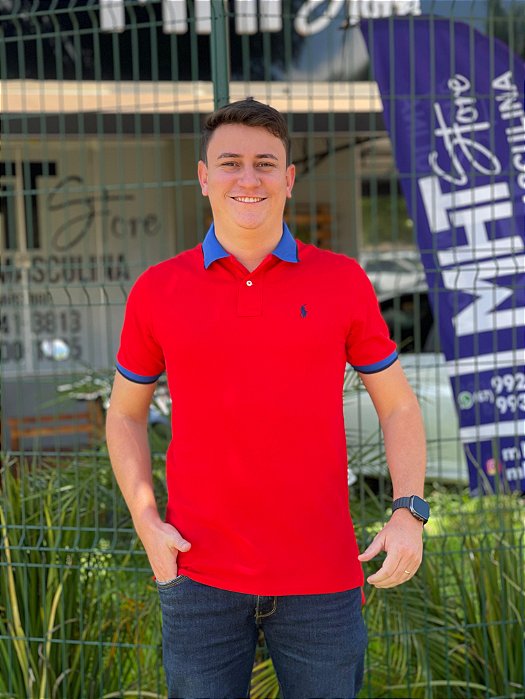 Polo Ralph Lauren Vermelho Gola Azul Royal Listra Preto Logo Clássico Marinho