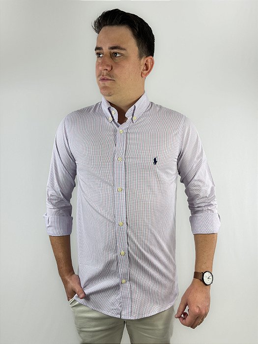 Camisa Ralph Lauren Micro Xadrez Manga Longa Listras Azul Logo Clássico Marinho