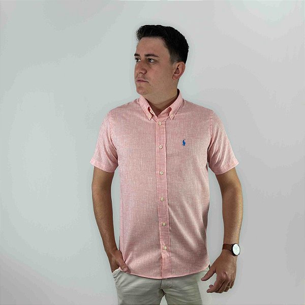 Camisa Ralph Lauren Manga Curta Linho Vermelho Claro Logo Clássico Celeste LI