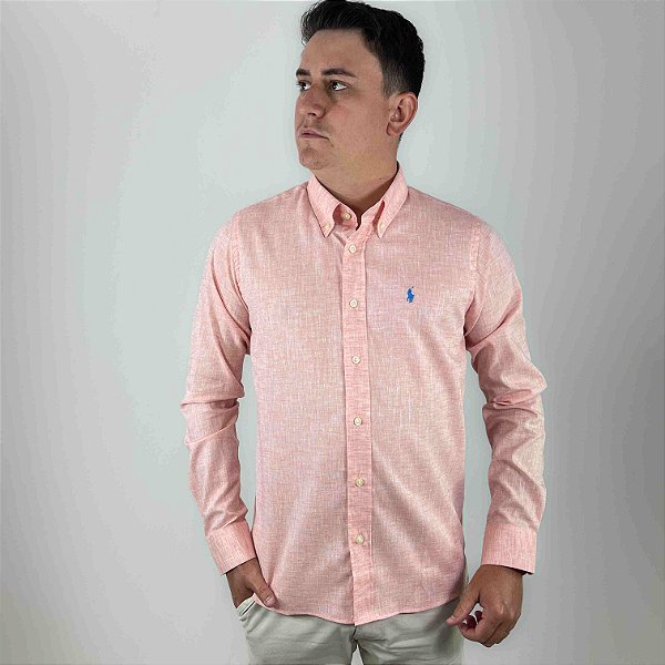 Camisa Ralph Lauren Manga Longa Linho Vermelho Claro Logo Clássico Celeste LI