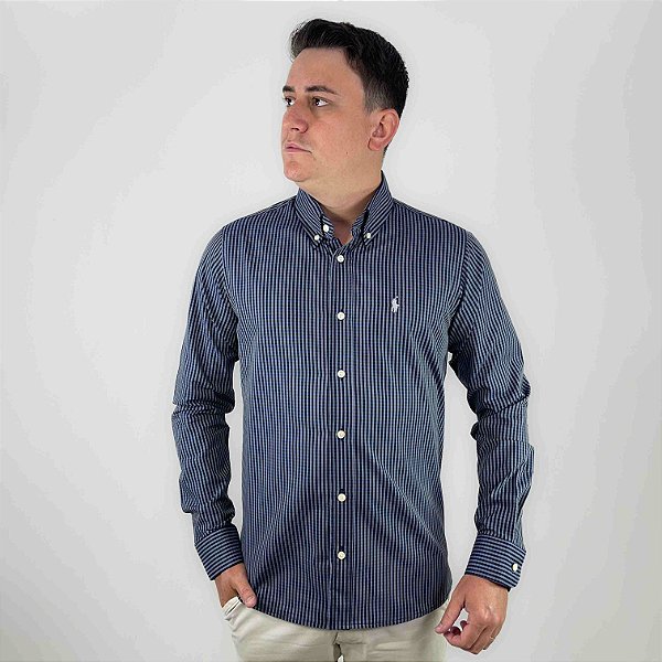 Camisa Ralph Lauren Xadrez Manga Longa Preto Chumbo Logo Clássico Cinza