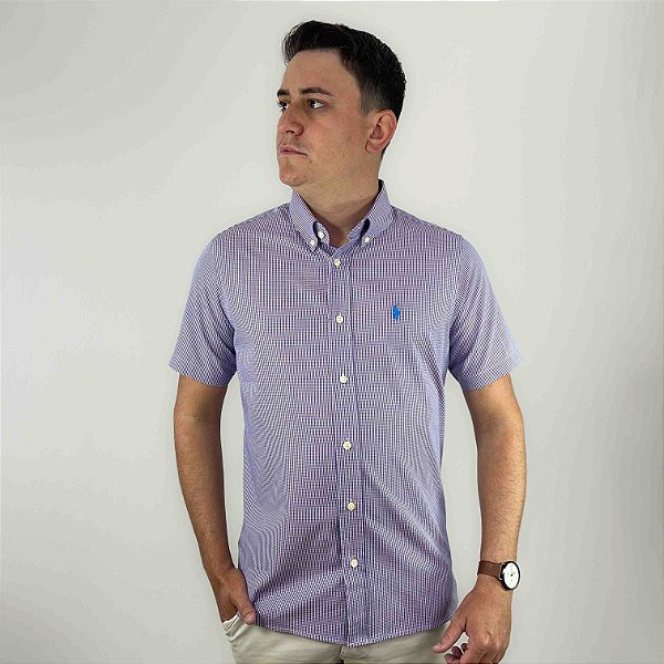 Camisa Ralph Lauren Micro Xadrez Manga Curta Marinho Vermelho Logo Clássico Celeste