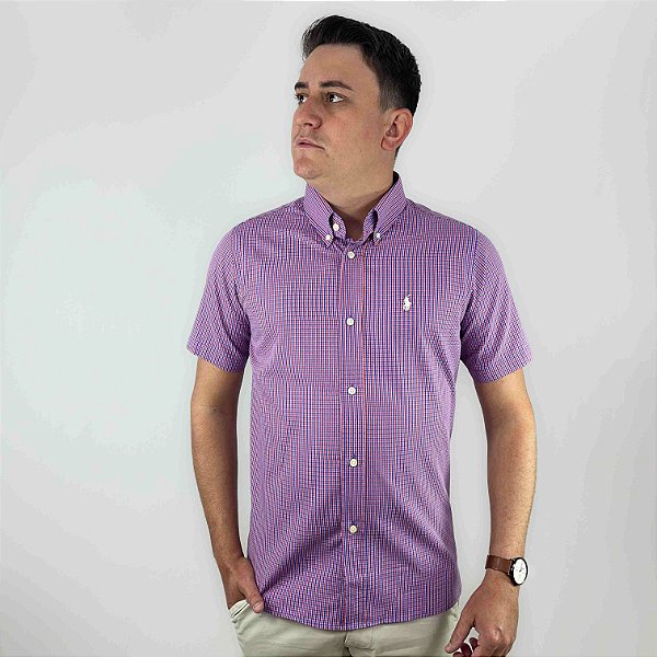 Camisa Ralph Lauren Xadrez Manga Curta Vermelho Listra Azul Royal Logo Clássico Branco