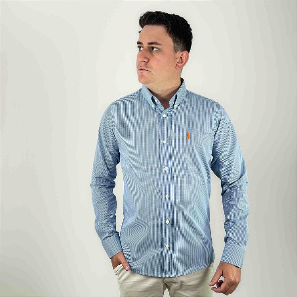 Camisa Ralph Lauren Micro Xadrez Manga Longa Azul Royal Verde Logo Clássico Laranja
