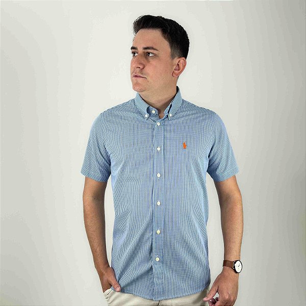 Camisa Ralph Lauren Micro Xadrez Manga Curta Azul Royal Verde Logo Clássico Laranja