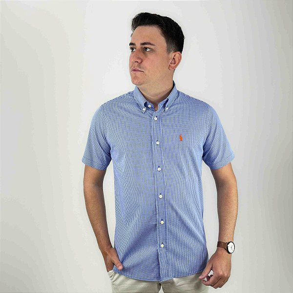 Camisa Ralph Lauren Micro Xadrez Manga Curta Azul Royal Logo Clássico Laranja