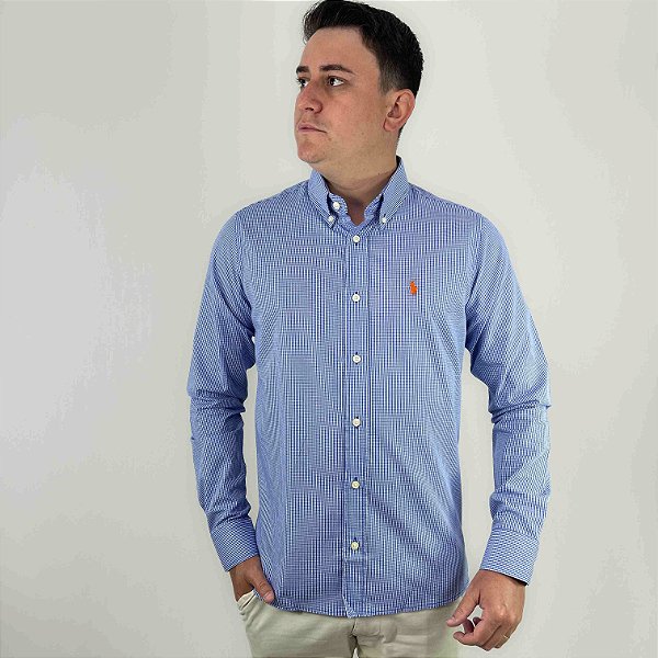 Camisa Ralph Lauren Micro Xadrez Manga Longa Azul Royal Logo Clássico Laranja