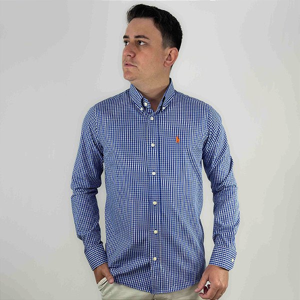 Camisa Ralph Lauren Xadrez Manga Longa Azul Royal Logo Clássico Laranja