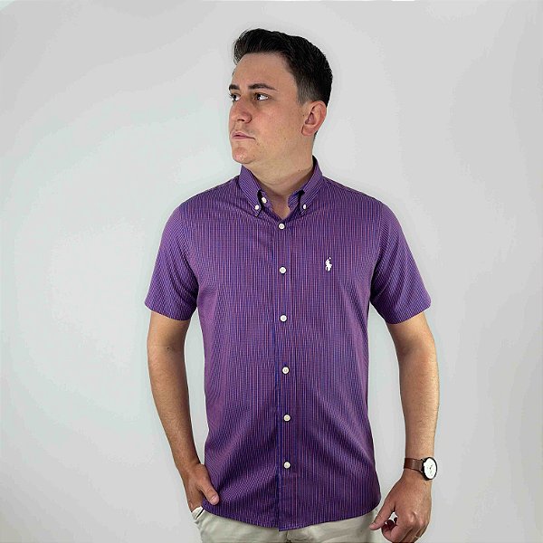 Camisa Ralph Lauren Xadrez Manga Curta Azul Royal Listra Vermelho Logo Clássico Branco