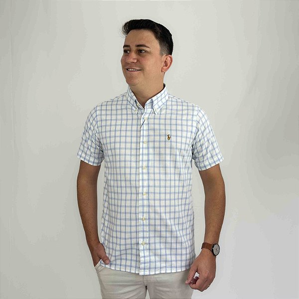 Camisa Social Ralph Lauren Oxford Xadrez Manga Curta Branco Listra Azul Logo Colorido