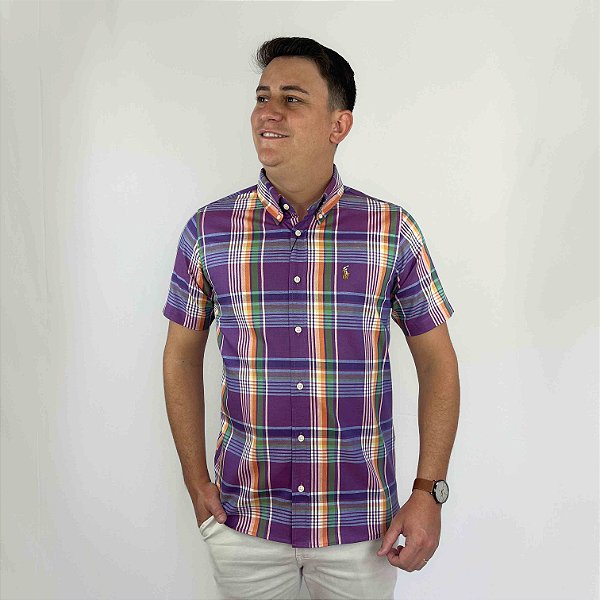 Camisa Social Ralph Lauren Oxford Xadrez Manga Curta Multicolor Roxo Logo Colorido